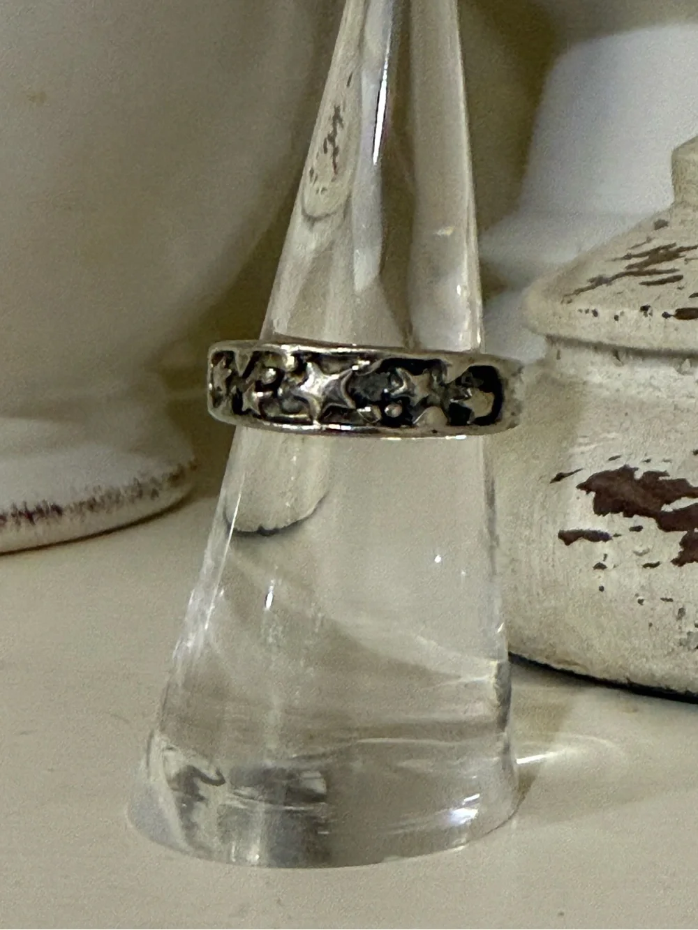 Etched Star Silver Tone Ring -Size 6